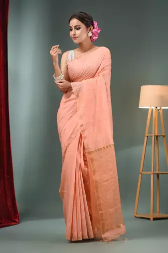 Peach Matka Handwoven Saree With Zari Border