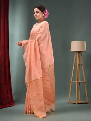 Peach Matka Handwoven Saree With Zari Border 3