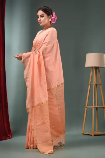 Peach Matka Handwoven Saree With Zari Border