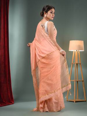 Peach Matka Handwoven Saree With Zari Border 4