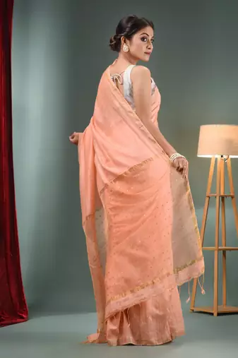 Peach Matka Handwoven Saree With Zari Border