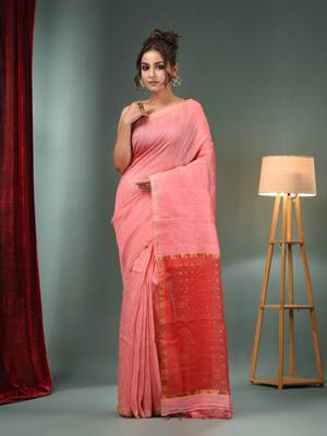 Punch Pink Matka Handwoven Saree With Zari Border 1