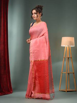 Punch Pink Matka Handwoven Saree With Zari Border 3