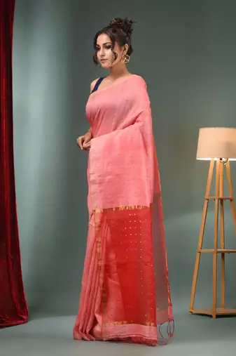 Punch Pink Matka Handwoven Saree With Zari Border