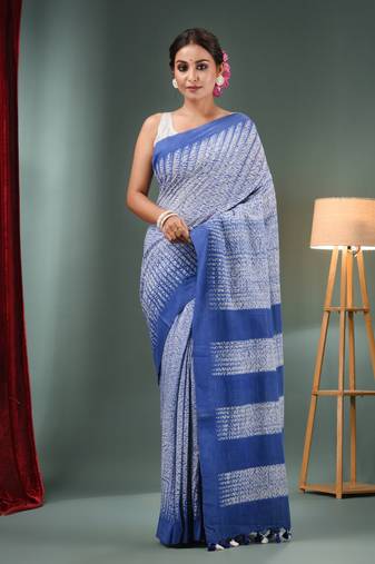 White And Blue Cotton Handwoven Shibori Print Saree