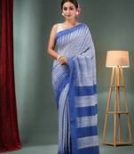 White And Blue Cotton Handwoven Shibori Print Saree