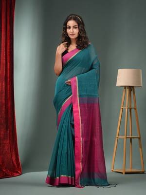 Teal Green Cotton Blend Handwoven Saree With Texture Designs 1