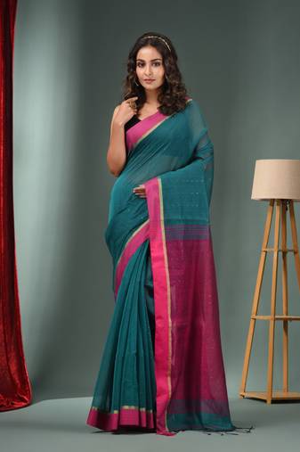 Teal Green Cotton Blend Handwoven Saree With Texture Designs