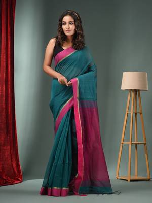 Teal Green Cotton Blend Handwoven Saree With Texture Designs 2