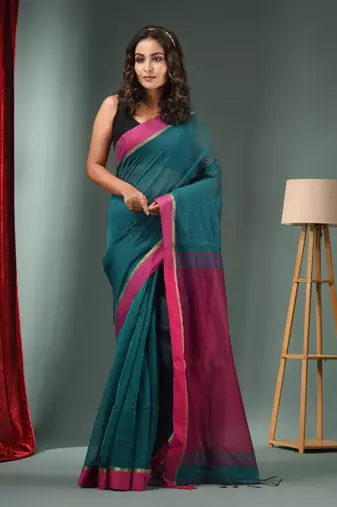 Teal Green Cotton Blend Handwoven Saree With Texture Designs