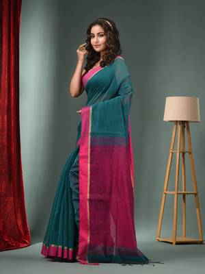 Teal Green Cotton Blend Handwoven Saree With Texture Designs 3