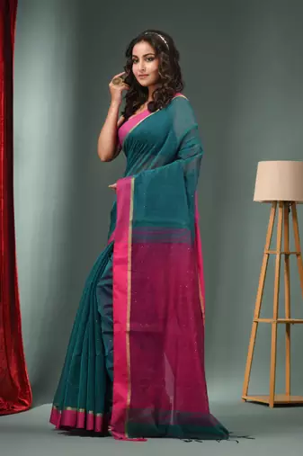 Teal Green Cotton Blend Handwoven Saree With Texture Designs