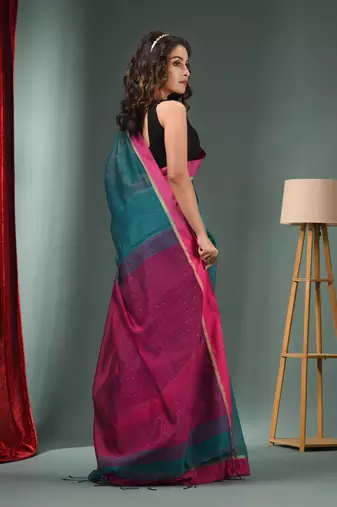 Teal Green Cotton Blend Handwoven Saree With Texture Designs