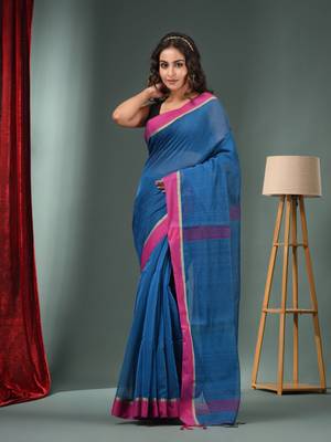 Sapphire Blue Cotton Blend Handwoven Saree With Texture Designs 1