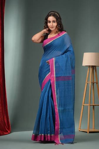 Sapphire Blue Cotton Blend Handwoven Saree With Texture Designs