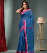Sapphire Blue Cotton Blend Handwoven Saree With Texture Designs