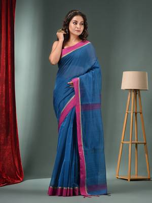 Sapphire Blue Cotton Blend Handwoven Saree With Texture Designs 2