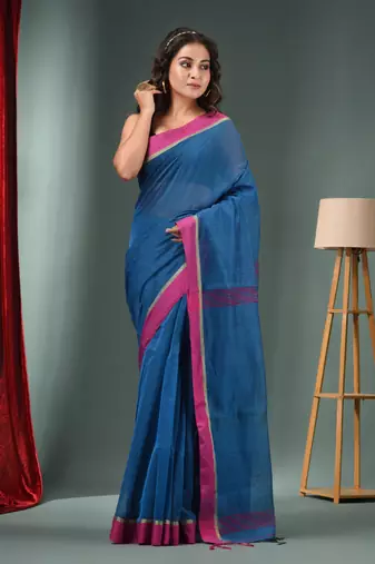 Sapphire Blue Cotton Blend Handwoven Saree With Texture Designs