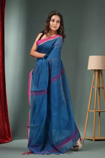 Sapphire Blue Cotton Blend Handwoven Saree With Texture Designs