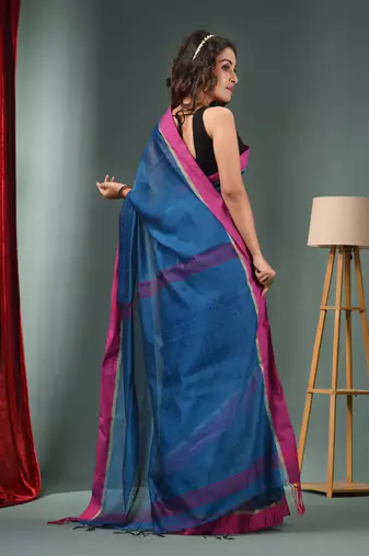 Sapphire Blue Cotton Blend Handwoven Saree With Texture Designs
