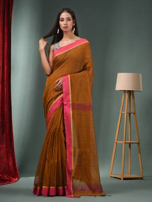 Ochre Yellow Cotton Blend Handwoven Saree With Texture Designs 1