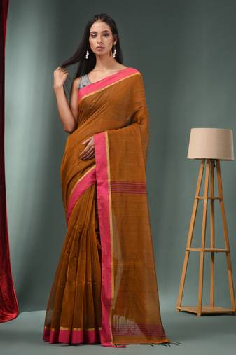 Ochre Yellow Cotton Blend Handwoven Saree With Texture Designs