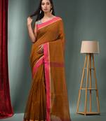 Ochre Yellow Cotton Blend Handwoven Saree With Texture Designs