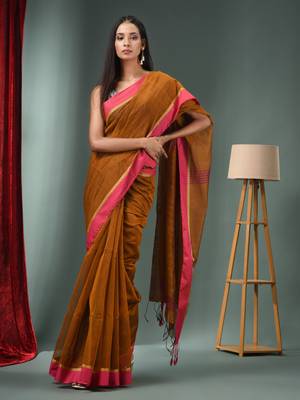 Ochre Yellow Cotton Blend Handwoven Saree With Texture Designs 2