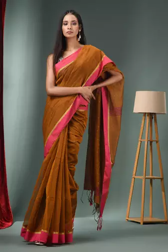 Ochre Yellow Cotton Blend Handwoven Saree With Texture Designs