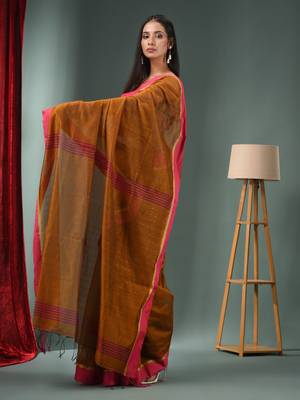 Ochre Yellow Cotton Blend Handwoven Saree With Texture Designs 3