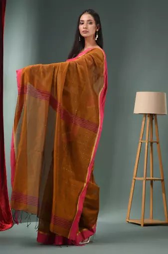 Ochre Yellow Cotton Blend Handwoven Saree With Texture Designs