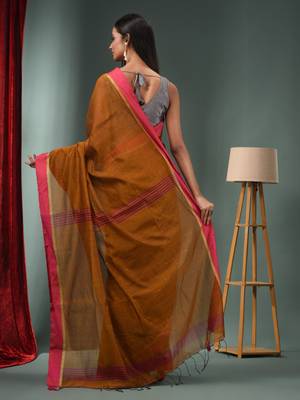 Ochre Yellow Cotton Blend Handwoven Saree With Texture Designs 4