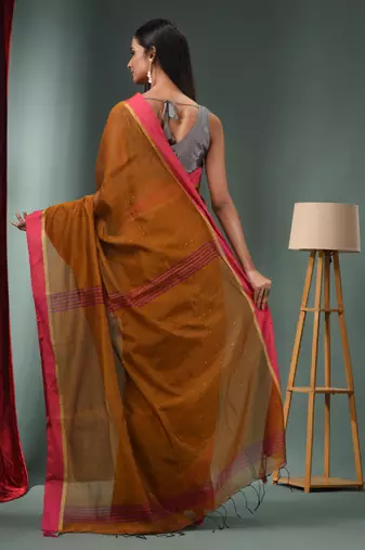 Ochre Yellow Cotton Blend Handwoven Saree With Texture Designs