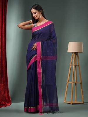 Midnight Blue Cotton Blend Handwoven Saree With Texture Designs 1