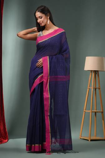 Midnight Blue Cotton Blend Handwoven Saree With Texture Designs