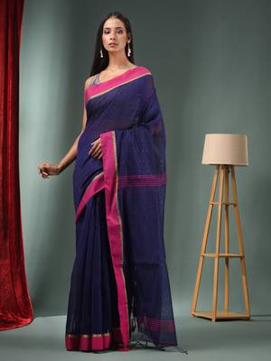 Midnight Blue Cotton Blend Handwoven Saree With Texture Designs 2
