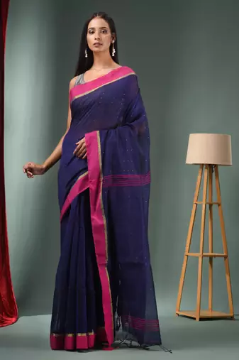 Midnight Blue Cotton Blend Handwoven Saree With Texture Designs