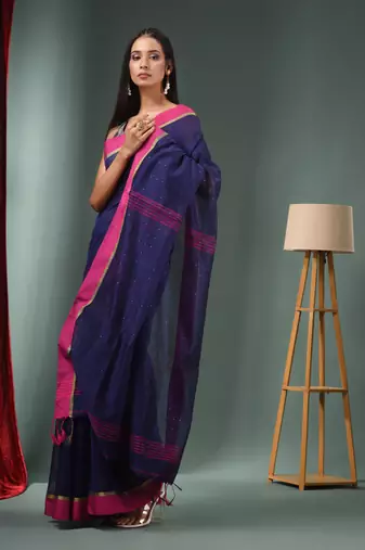 Midnight Blue Cotton Blend Handwoven Saree With Texture Designs