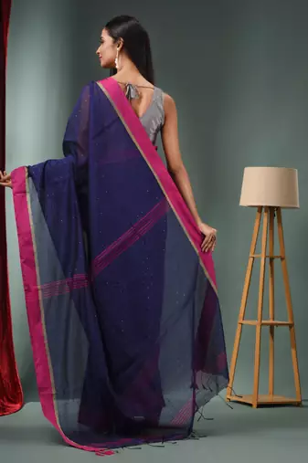 Midnight Blue Cotton Blend Handwoven Saree With Texture Designs