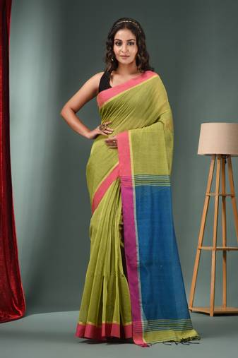 Sap Green Cotton Blend Handwoven Saree With Texture Designs