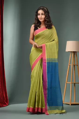 Sap Green Cotton Blend Handwoven Saree With Texture Designs