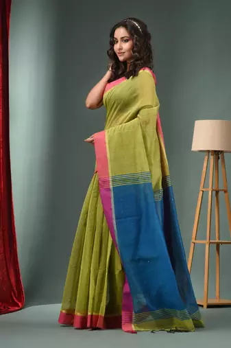 Sap Green Cotton Blend Handwoven Saree With Texture Designs