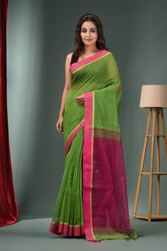 Parrot Green Cotton Blend Handwoven Saree With Texture Designs