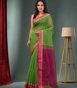 Parrot Green Cotton Blend Handwoven Saree With Texture Designs