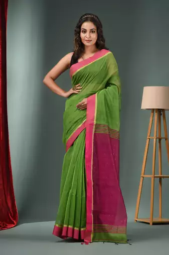 Parrot Green Cotton Blend Handwoven Saree With Texture Designs