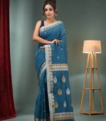 Yale Blue Cotton Handwoven Saree With Woven Designs
