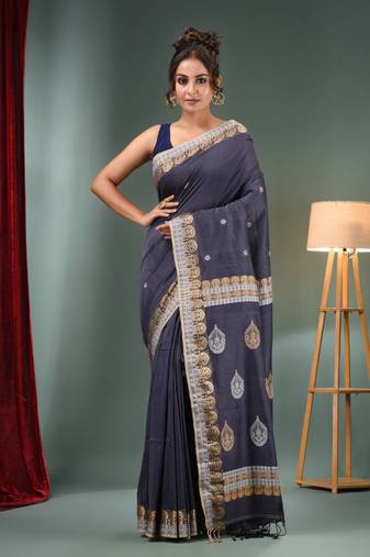 Dark Grey Cotton Handwoven Saree With Woven Designs