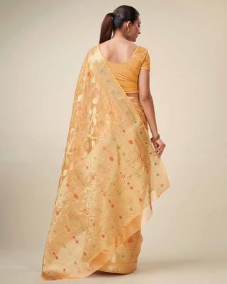 Peach Organza Faux Kanjeevaram Woven Saree With Unstitched Blouse Piece 2