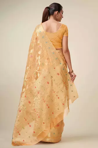 Peach Organza Faux Kanjeevaram Woven Saree With Unstitched Blouse Piece