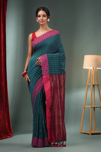 Teal Green Cotton Handwoven Saree With Kantha Style